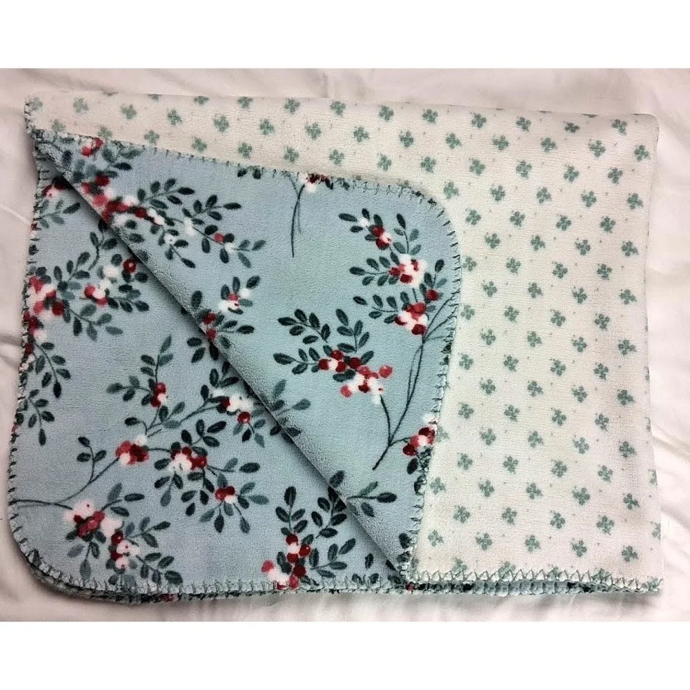 Laura Ashley Coco Plush Baby Blanket Berry Branch‎ Blue Floral Beige 30x40 Soft